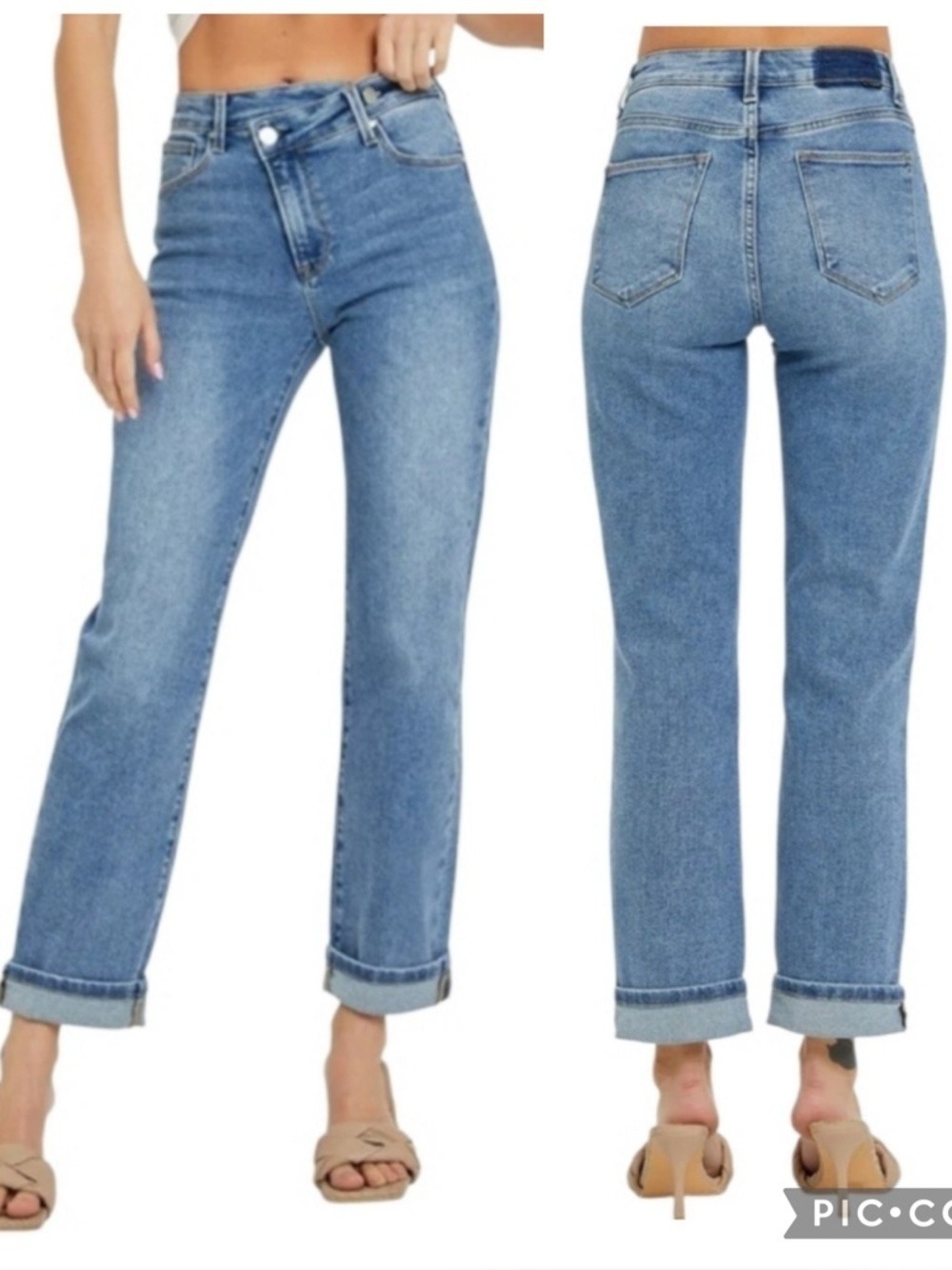 Risen Jeans Mid Rise Crossover Straight Leg Jeans Size 13/31